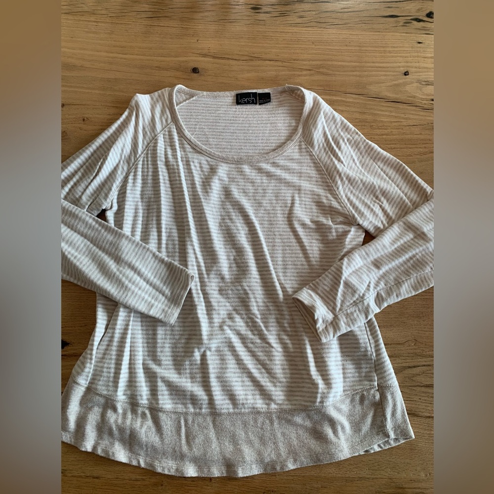 Kersh Stripes Raglan Long Sleeve Border Tee Shirt Top Taupe Ivory Women’s M pre‎